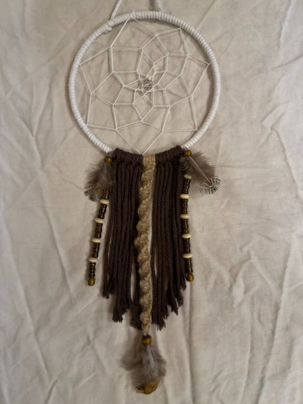 6" Wrapped Round Ring Boho Macrame White & Brown Dreamcatcher with Real Feathers